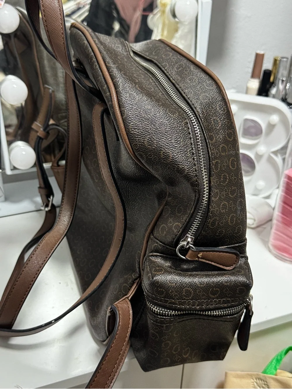 GUESS Brown Monogram Mini Backpack with Silver Logo